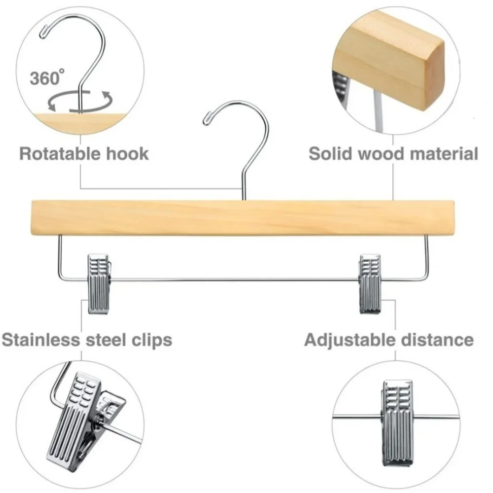 5 Piece Bamboo Hardwood Adjustable Chrome Sleek Clip Pant Hangers Swivel Hook